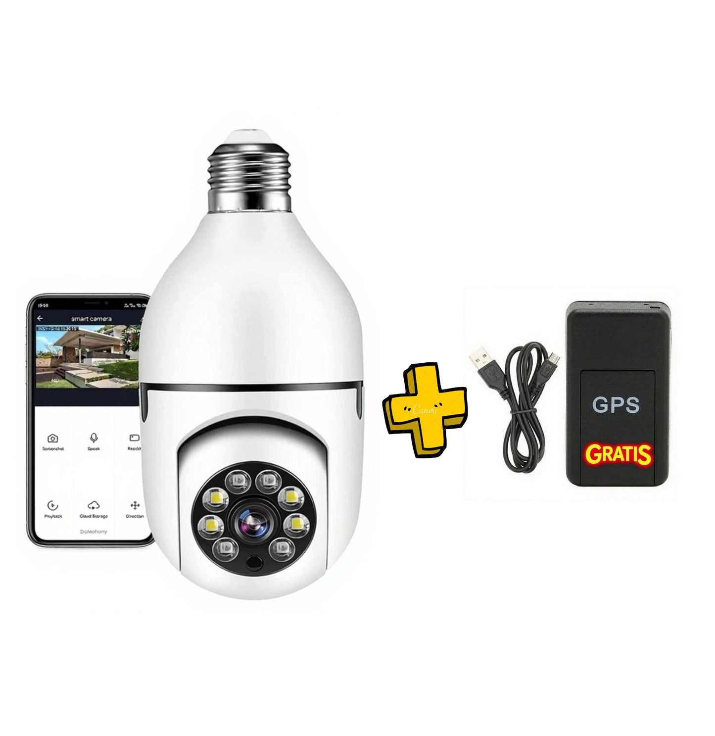 Cámara de seguridad 360 wifi con aplicación móvil y accesorios incluidos para protección y vigilancia.